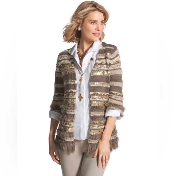 Chico’s Greta Cardigan textured sequins eyelash open front sweater. Chico’s Sz 2 - Picture 2 of 9